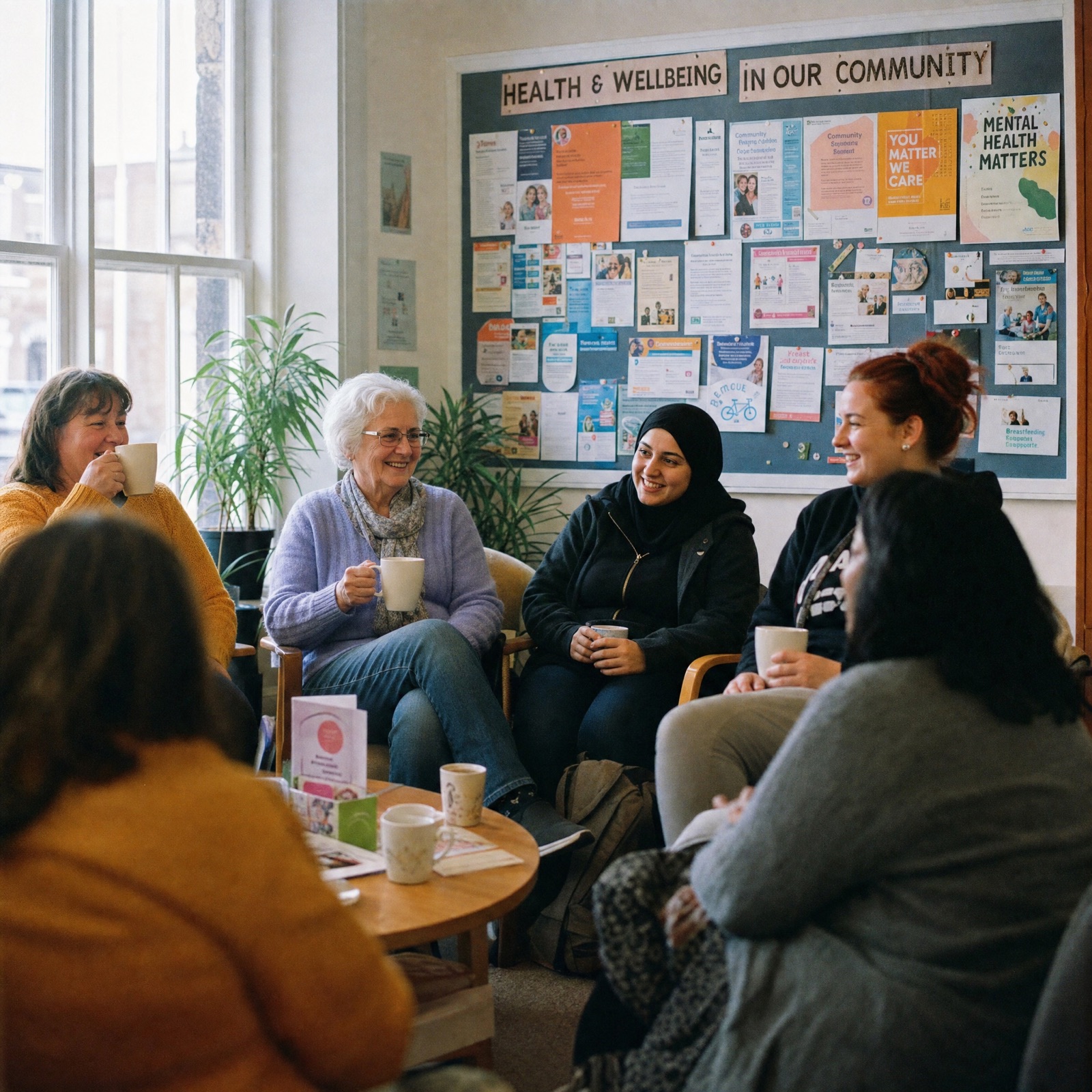 An empty listening circle — mismatched chairs by a window, a mug of tea, quiet and welcoming