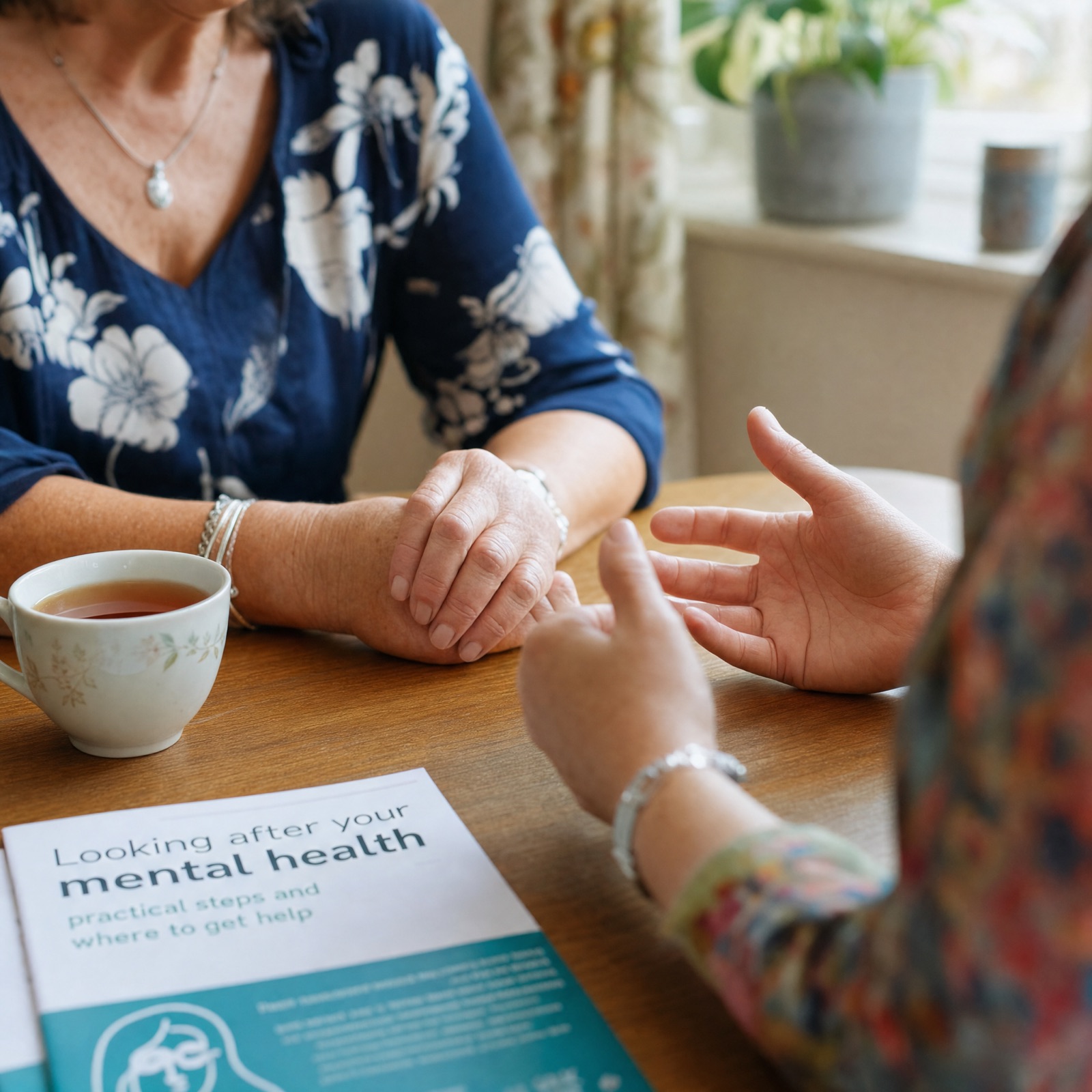 Two hands wrapped around a mug of tea on a kitchen table, a sympathy card in soft focus behind